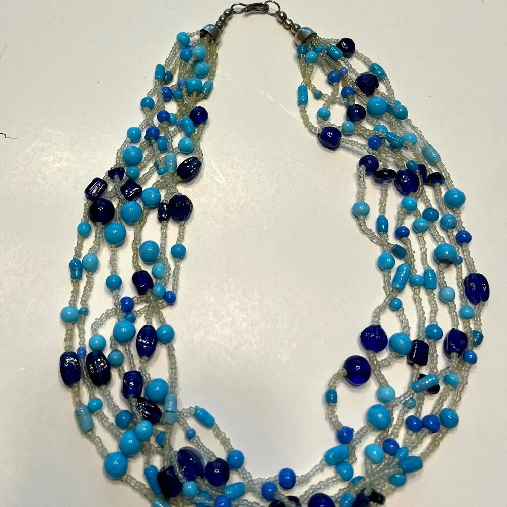 VINTAGE Czech GLASS SEED BEAD COBALT BLUE MULTI STRAND NECKLACE 22